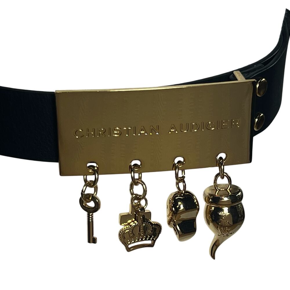 Christian Audigier Belt Size Medium Black Leather Brass Charm Buckle Logo
